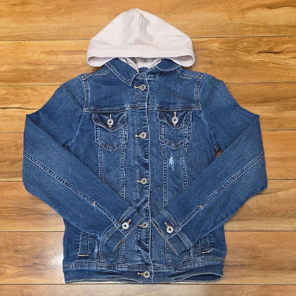 Abercrombie Kids Sz 13/14 Denim Jacket with Pink Hood Distressed Blue Jean